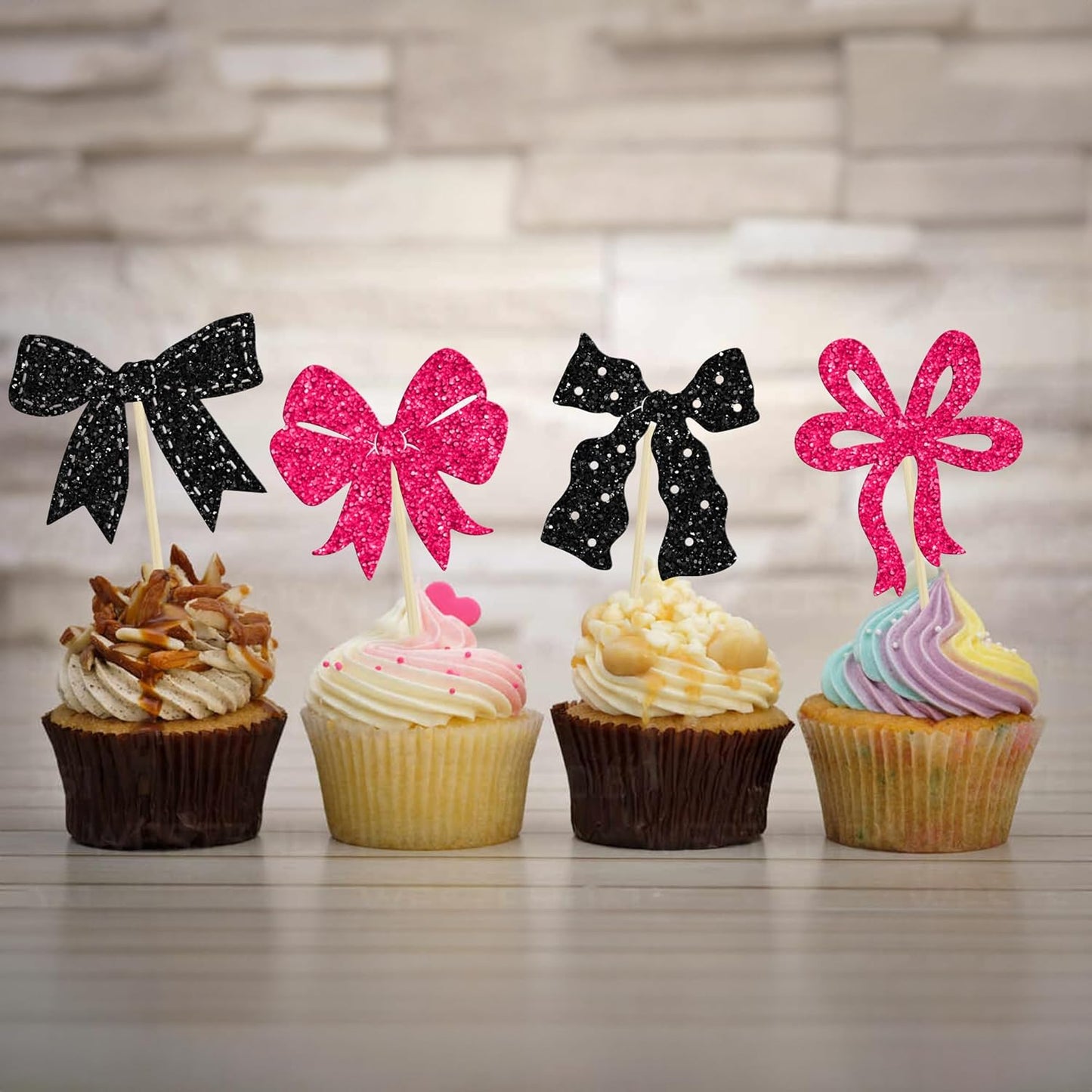 Ephlyn 24Pcs Pink Bow Cupcake Toppers Bow Birthday Cake Topper Girls Birthday Party Decorations Bowknot Cupcake Decorations for Bridal Wedding Themed Party Multi