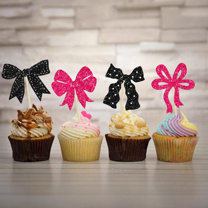 Ephlyn 24Pcs Pink Bow Cupcake Toppers Bow Birthday Cake Topper Girls Birthday Party Decorations Bowknot Cupcake Decorations for Bridal Wedding Themed Party Multi