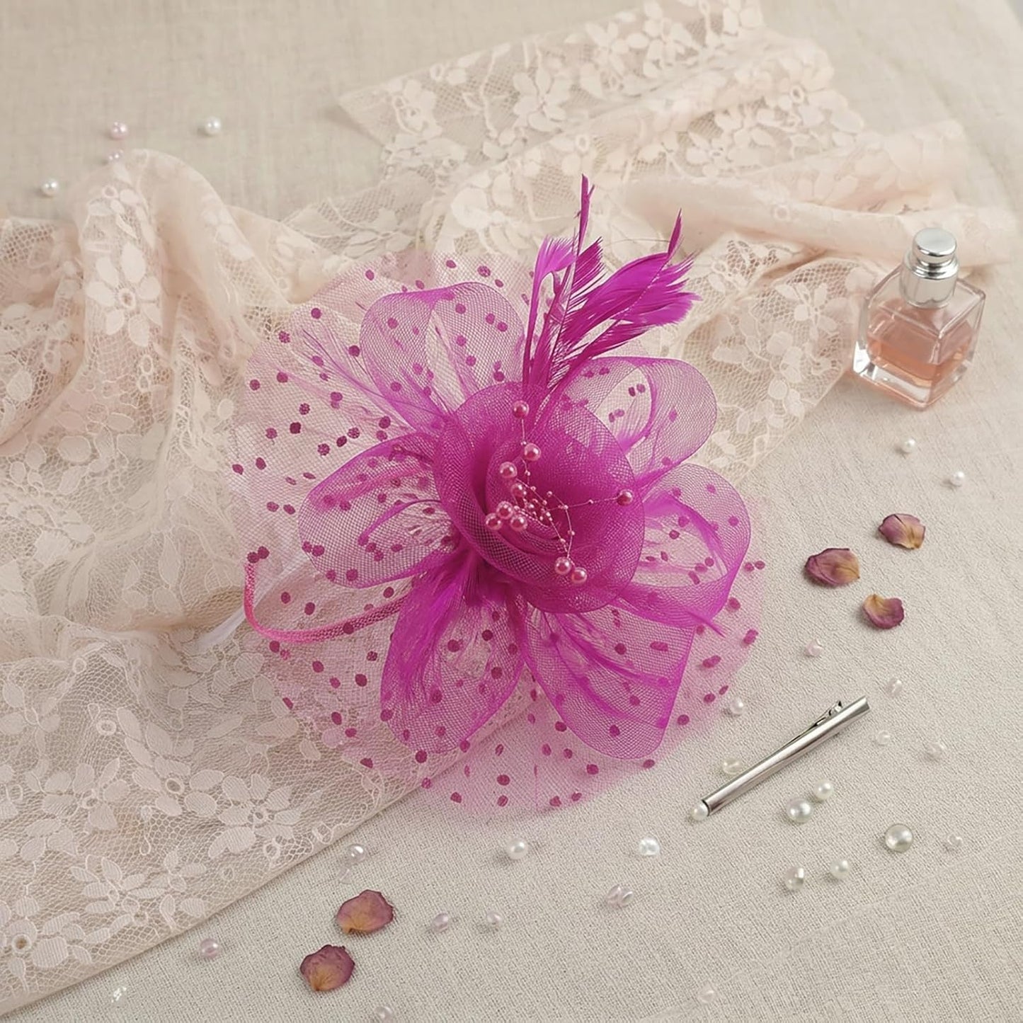 DRESHOW Fascinators Hat Flower Mesh Ribbons Feathers on a Headband and a Clip Tea Party Headwear for Girls and Women - Colors B
