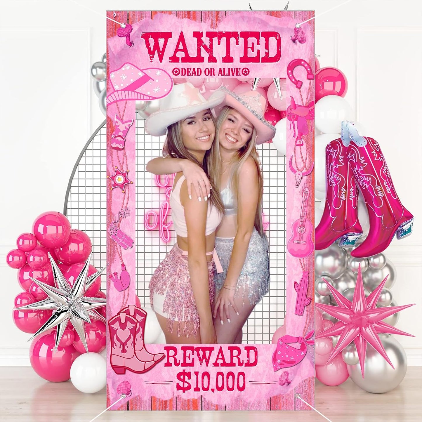 Large Cowgirl Party Decorations Wild West Pink Photo Banner Fun Frame Banner West Wanted Photo Booth Prop Wild Western Selfie Banner for Wild West Western Theme Birthday Party Game Decoration Supplies