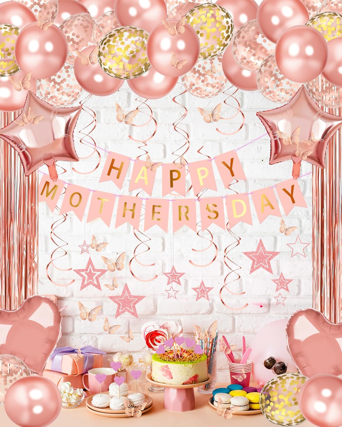 Lutoys Rose Gold Happy Birthday Party Decorations, Happy Birthday Banner, Rose Gold Foil Heart Star Confetti Balloons Curtain Backdrop Hanging Swirls Party Decor for Girls Women Princess