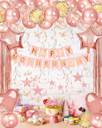 Lutoys Rose Gold Happy Birthday Party Decorations, Happy Birthday Banner, Rose Gold Foil Heart Star Confetti Balloons Curtain Backdrop Hanging Swirls Party Decor for Girls Women Princess