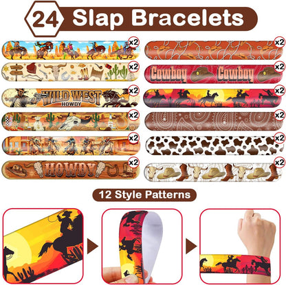 48PCS Cowboy Themed Party Set | 24PCS Slap Bracelets & 24PCS Rubber Bracelets Western Saloon Silicone Wristbands Birthday Party Supplies Decorations Gifts Carnival Prizes
