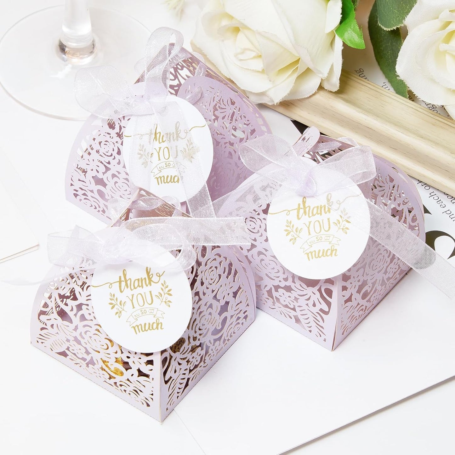 AdasBridal 50Pcs Small Gift Boxes for Party Favors, Laser Cut Candy Boxes Wedding Favor with Thank You Card Ribbons for Bridal Baby Shower Wedding Decorations (White, 2.36")