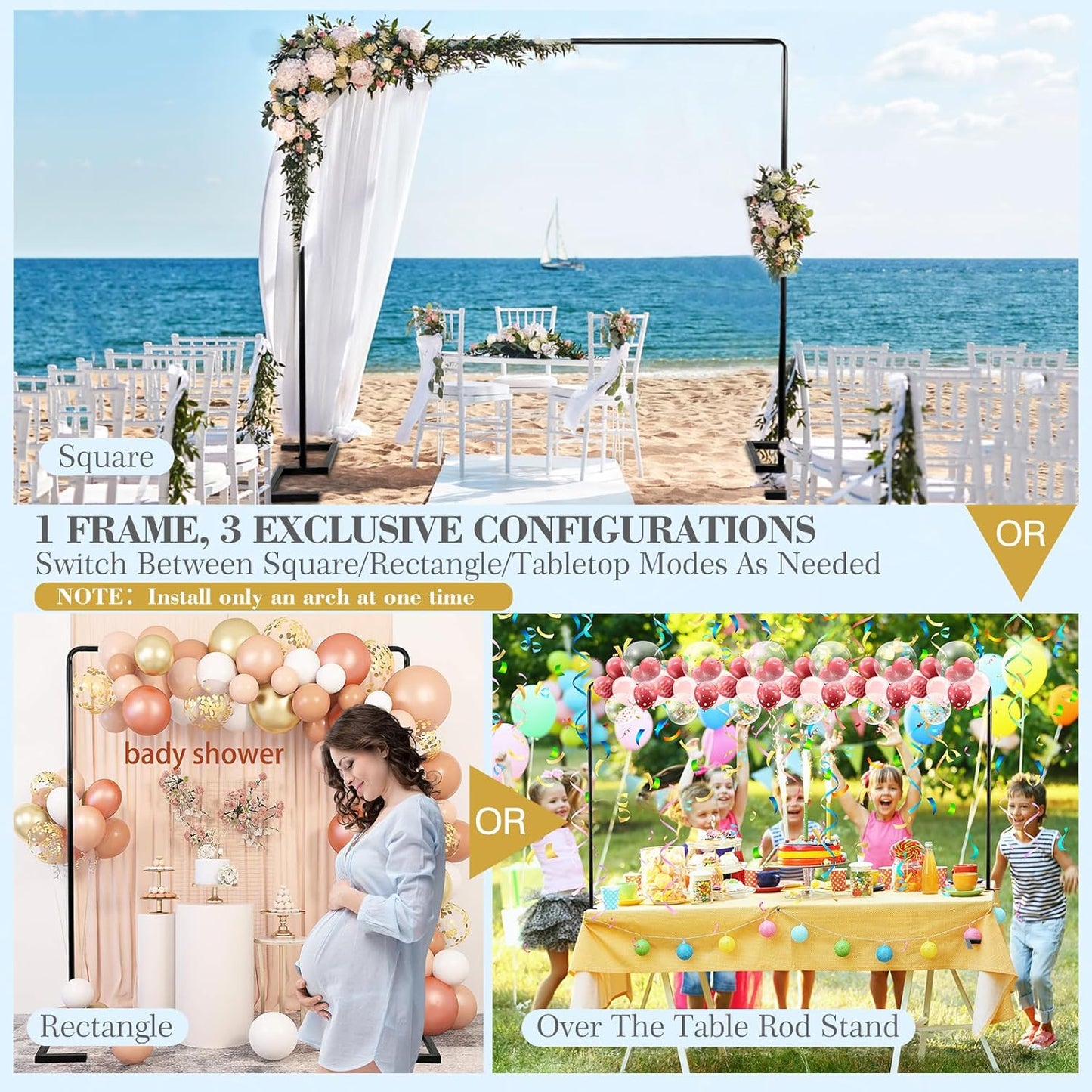 8.2FT Square Wedding Arch Backdrop Stand,Balloon Arch Stand, Metal Gold Backdrop Adjustable Stand Heavy Duty, Extra 2 Clamps Change Over The Table Rod Stand for Party Decoration,Garden Trellis Frame