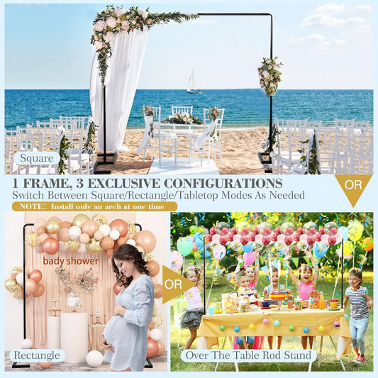 8.2FT Square Wedding Arch Backdrop Stand,Balloon Arch Stand, Metal Gold Backdrop Adjustable Stand Heavy Duty, Extra 2 Clamps Change Over The Table Rod Stand for Party Decoration,Garden Trellis Frame
