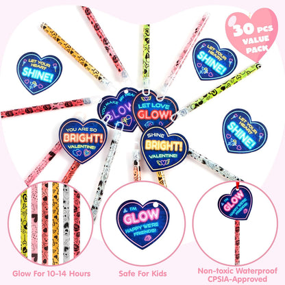 JOYIN 30 Packs Valentine's Day Gifts Cards with Bright Large Glow Sticks for Valentine's Party Favors, Waterproof Glow Sticks for Valentines Classroom Exchange Toy, Valentine School Classroom Prizes