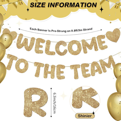 Fulmoon Pre Strung Welcome to The Team Banner with Two Heart Signs, NO DIY, Glitter Welcome Party Supplies for New Employee, Coworker, Colleague, Staff, Team Member Office Decorations(Champagne Gold)