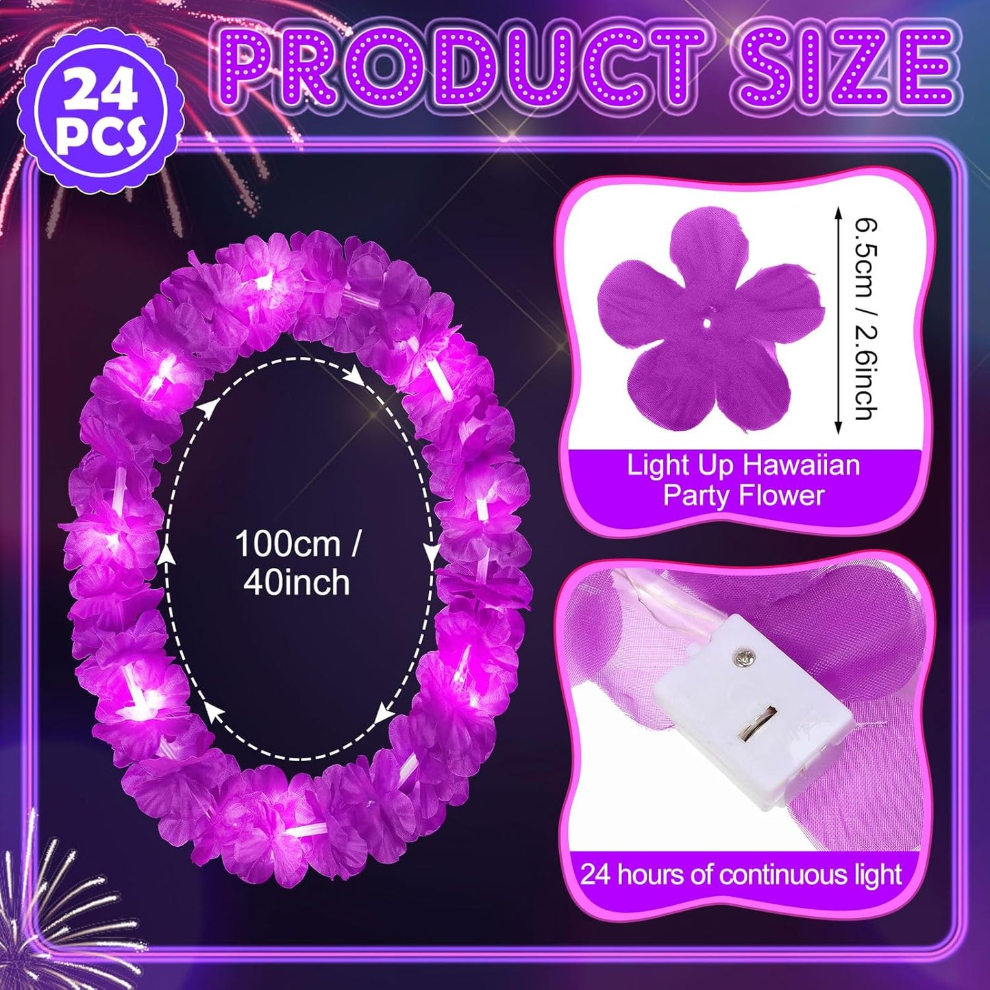 Sherr 24 Pcs LED Leis Light Up Purple and Gold Hawaiian Flower Necklaces, Graduation 2026 Party Supplies, Class of 2026 Leis for Beach Wedding Luau Glow Party Favors