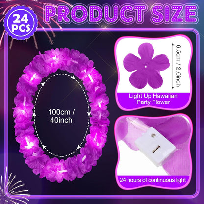 Sherr 24 Pcs LED Leis Light Up Purple and Gold Hawaiian Flower Necklaces, Graduation 2026 Party Supplies, Class of 2026 Leis for Beach Wedding Luau Glow Party Favors