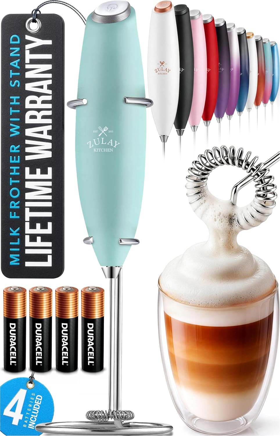 Zulay Kitchen Powerful Milk Frother Wand With Duracell Batteries - Ultra Fast Handheld Drink Mixer - Electric Whisk Foam Maker for Coffee, Lattes, Cappuccino & Matcha - Z1 Motor - Black - Colors A