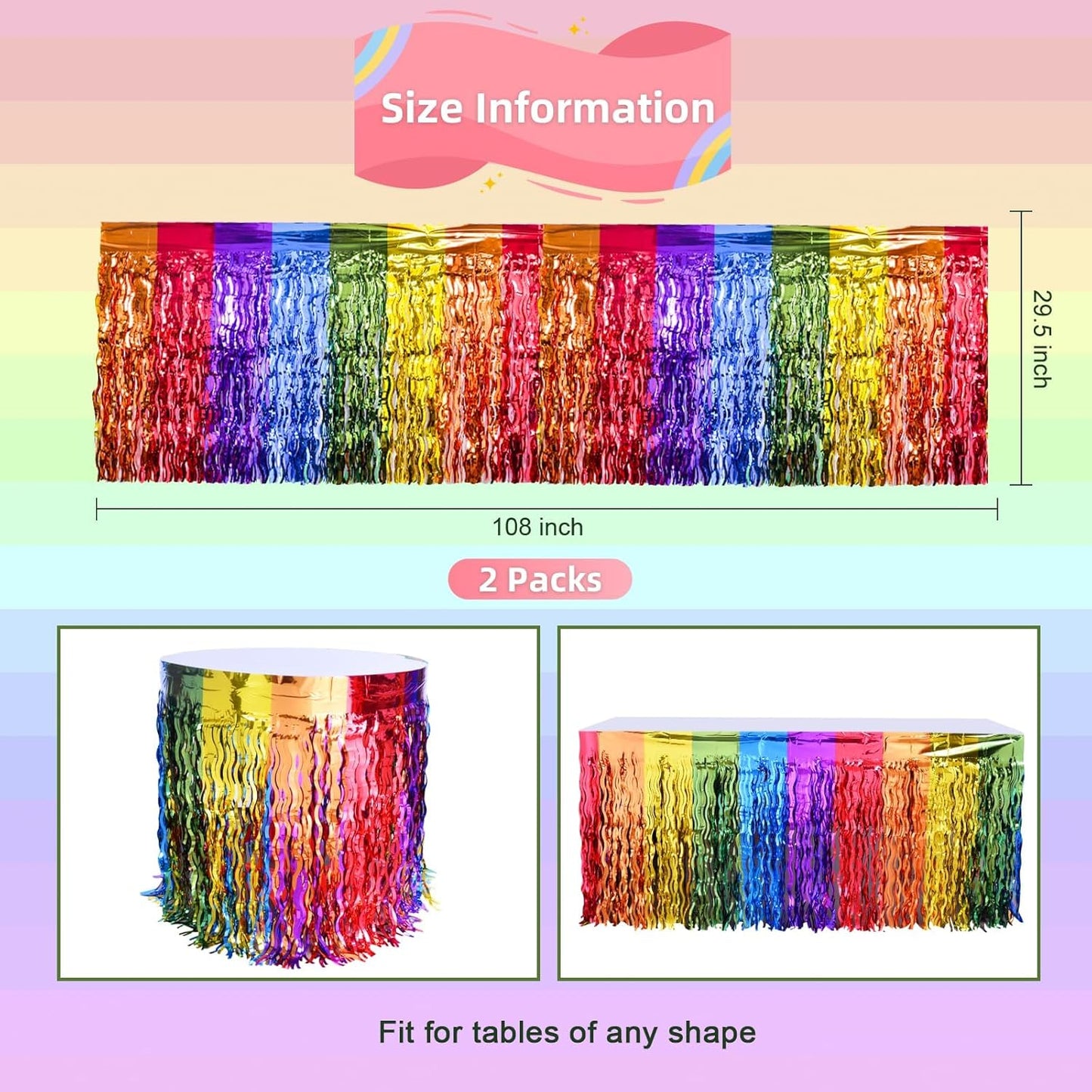 LOLStar Rainbow Party Decorations, 2 Pack Wavy Metallic Tinsel Foil Fringe Table Skirts, Perfect Table Decors for Birthday Holiday Wedding Engagement Bridal Shower Pride Party Cartoon Party