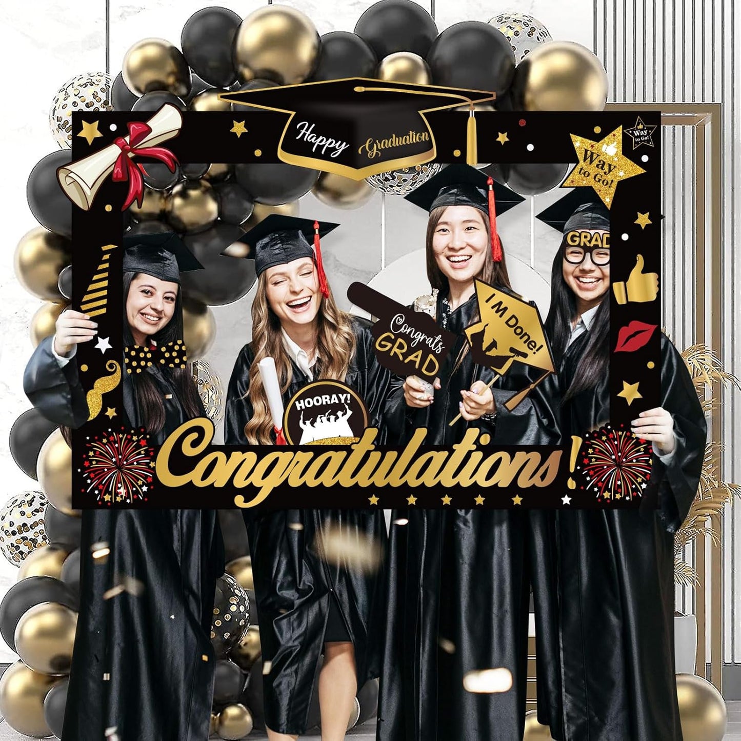 2026 Graduation Photo Booth Props,22Pcs Graduation Photo Booth Props,Funny Grad Party Selfie Props,Black Gold Selfie Photo Frame for High School and College Grads
