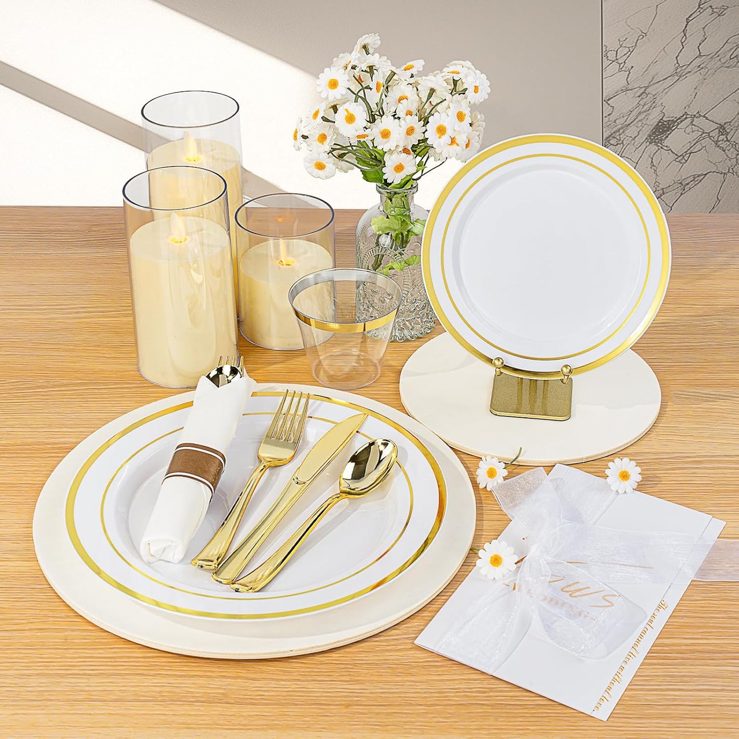 BESTVIP 350PCS Gold Plastic Dinnerware Set, Disposable Party Plates for 50 Guests, Include: 100 Plastic Plates, 50 Pre Rolled Napkins with Gold Silverware, 50 Cups