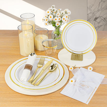 BESTVIP 350PCS Gold Plastic Dinnerware Set, Disposable Party Plates for 50 Guests, Include: 100 Plastic Plates, 50 Pre Rolled Napkins with Gold Silverware, 50 Cups