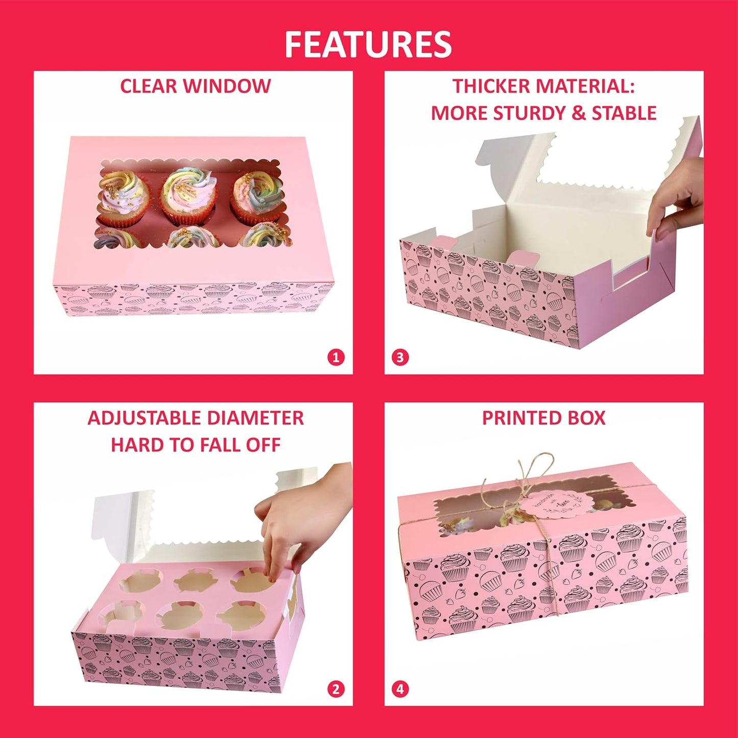 20-Pack Brown Cupcake Boxes with Insert Trays, Tags and Twine | Food Grade Kraft Bakery Boxes with Window to Fit 6 Cupcakes