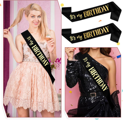 It's My Birthday Sash 2 Packs Birthday Sash for Women Black and Blakc Happy Birthday-Sash for Women Men Birthday-Party Gifts