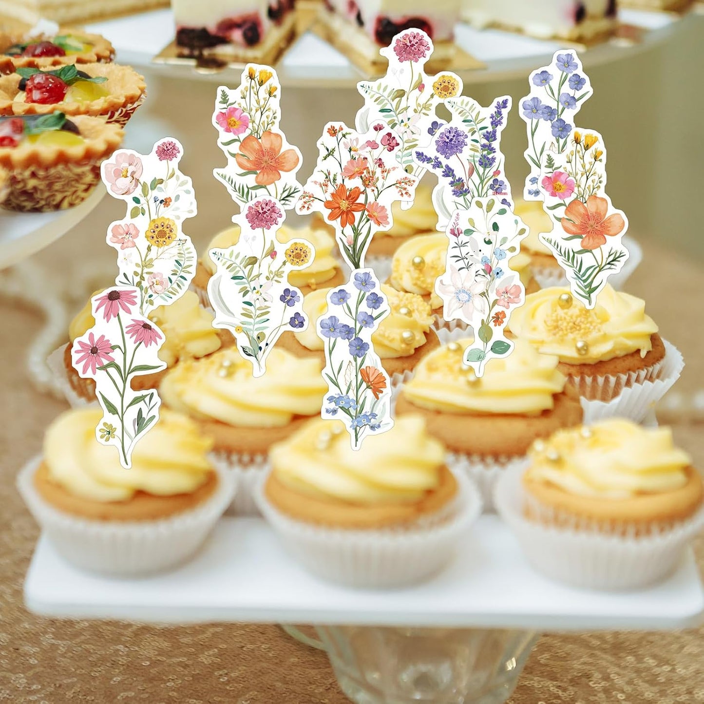 Rngmsi Flower Birthday Cupcake Toppers Decorations, 40PCS Wildflower Baby in Bloom Baby Shower Cake Decorations for Girls Women, Garden Floral Fairy Party Decor