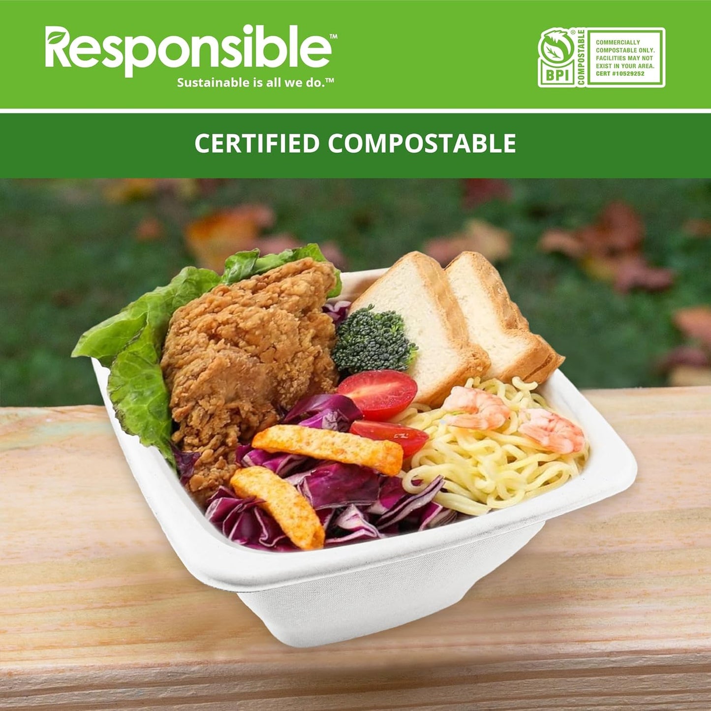 Responsible Products 100% Compostable Square Serving Bowls, 48 oz Disposable Paper Bowls, Microwave Safe, Freezer Safe, Soup Safe, No Plastic, Eco-Friendly, Tree-Free, No PFAS. White (50 Count)