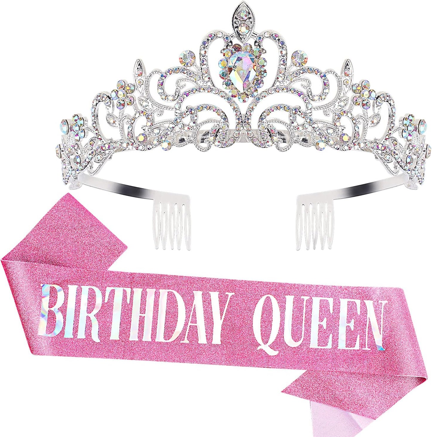 COCIDE Birthday Queen Sash & Rhinestone Tiara Set Gold Happy Birthday Crowns for Women Party Decoration Kit Rhinestone Headband for Women Glitter Crystal Hair Accessories for Cake Topper