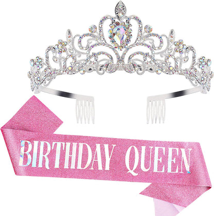 COCIDE Birthday Queen Sash & Rhinestone Tiara Set Gold Happy Birthday Crowns for Women Party Decoration Kit Rhinestone Headband for Women Glitter Crystal Hair Accessories for Cake Topper