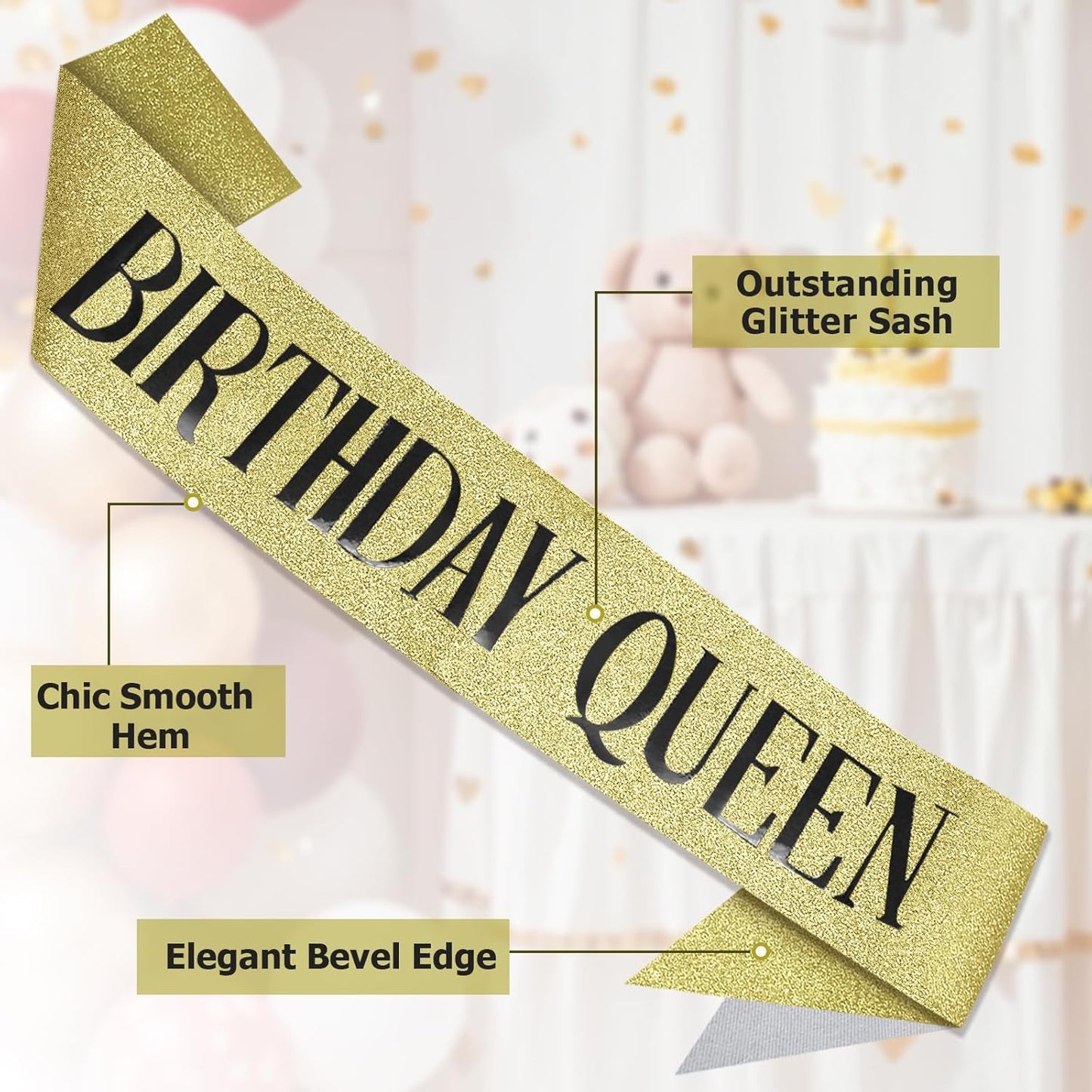 RUDONG M Birthday Queen Sash Glitter - Gold Birthday Sash for Women & Girls | Sweet 16/18th/21st/30th/40th/50th/60th/70th, All-Age Celebration Party Decor