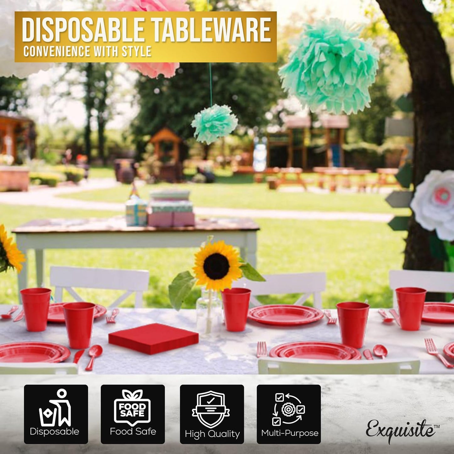 350 Pcs Black Plastic Plates For Party, Black Disposable Plates Set, 50 Of Each 9" Dinner Plate Set, 7" Dessert Plate, Cups, Napkins & Cutlery Plastic Dinnerware Set Exquisite