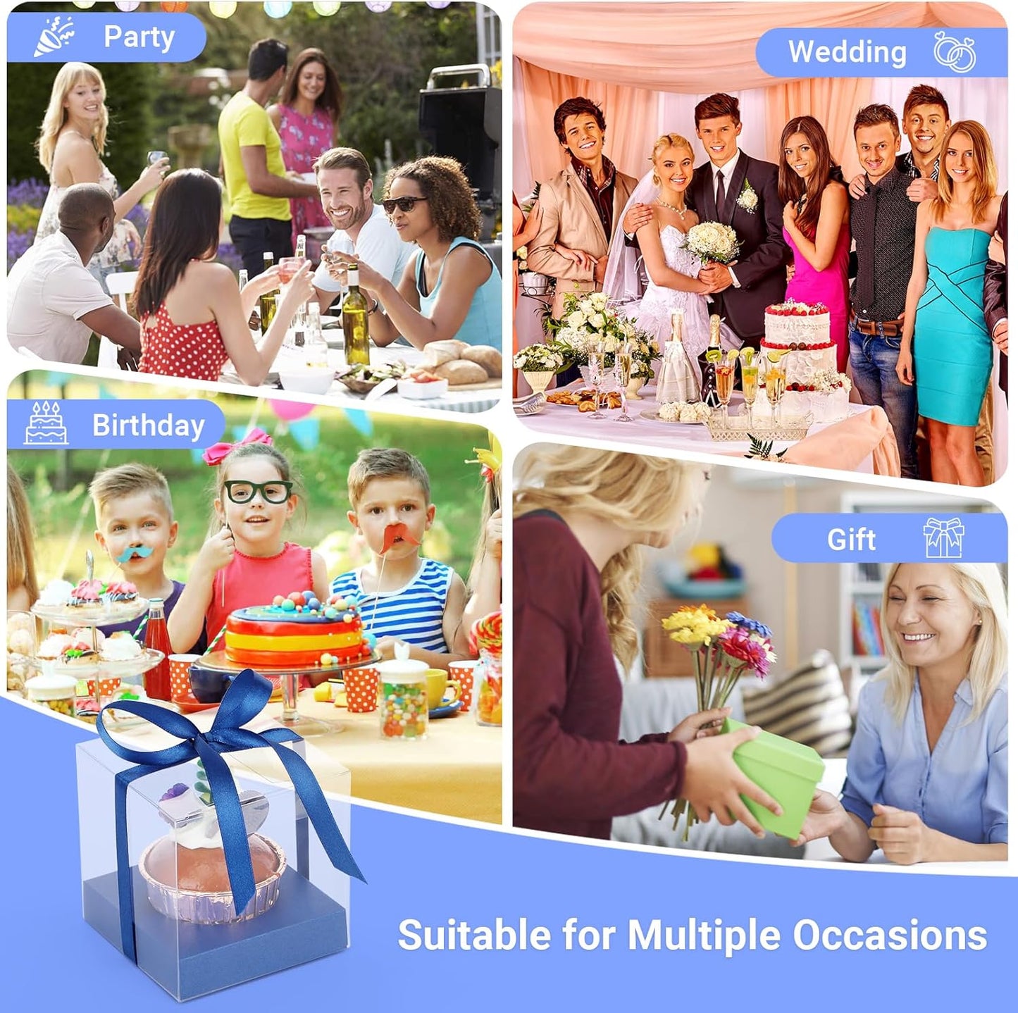 EUSOAR Individual Cupcake Holder, 50pcs 3.5 Inch Plastic Black Cupcake Containers with Lids, Single Transparent Display Clear Cupcake Carrier with Ribbon and Inserts for Wedding Party Favor