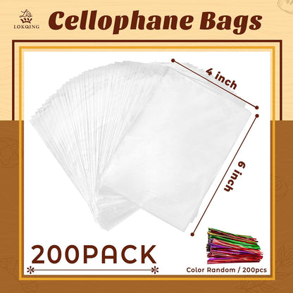 LOKQING Clear Cellophane Treat Bags 6 x 10 in, 100 Pack Mothers Day Gift Bags with Twist Ties, Bags for Cookies, Candy, Party Favors, Bakery Packaging and Small Gifts