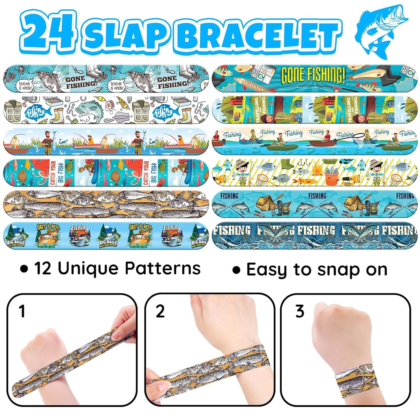 96 PCS Fishing Party Favors Set – 72 Pre-Cut Temporary Tattoos & 24 Slap Bracelets for Kids, Perfect for Outdoor Birthday Parties, Camping Adventures & Classroom Rewards