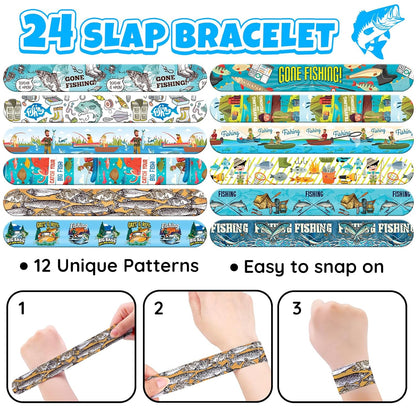 96 PCS Fishing Party Favors Set – 72 Pre-Cut Temporary Tattoos & 24 Slap Bracelets for Kids, Perfect for Outdoor Birthday Parties, Camping Adventures & Classroom Rewards