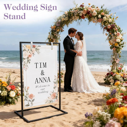 AZEAM Wedding Welcome Sign Stand with 4 Leather Straps for Hanging, 50"x30"x20" Metal Black Wedding Easel Stand for Welcome Sign, Seating Chart Holder for Outside Baby Shower Party Restaurant Poster