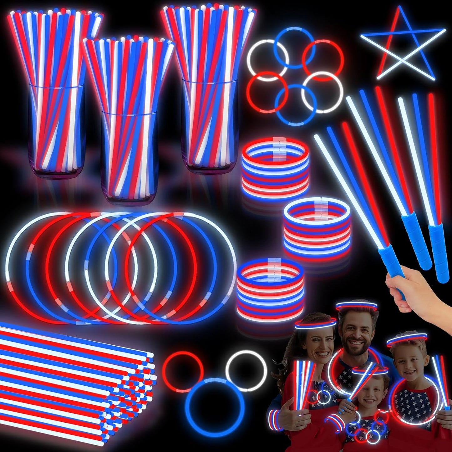 100 Pcs 4th of July Party Favors Glow Sticks with Connectors,Patriotic Glow Stick Red White Blue 3 in 1 Glow Bracelets and Necklaces 4th of July Accessories for Independence Day 250th Anniversary