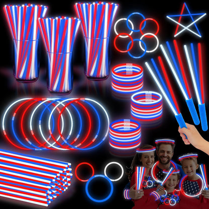 100 Pcs 4th of July Party Favors Glow Sticks with Connectors,Patriotic Glow Stick Red White Blue 3 in 1 Glow Bracelets and Necklaces 4th of July Accessories for Independence Day 250th Anniversary