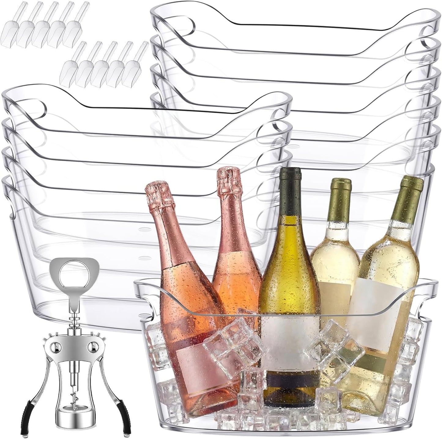 10 Pack 6.5l Ice Bucket for Party, Clear Plastic Champagne Cooler with Ice Scoop & Metal Bottle Opener, Large Portable Drink Beverage Tub for Beer & Mimosa Bar Supplies