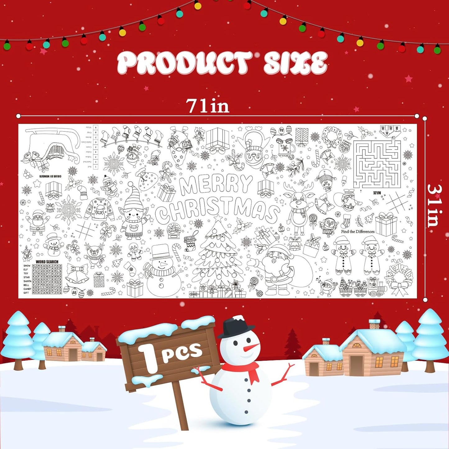 Christmas Coloring Tablecloth for Kids, 71 x 31 Large Inch Xmas Coloring Poster Table Cover, Holiday Doodle Crafts for Classroom, Family Party, Christmas Games and Activities Supplies