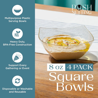 Posh Setting - Clear Plastic Serving Bowls for Party (8oz - 4 Pack) Square, Disposable, Salad & Fruit Bowls for Party Table, Candy Containers for Candy Buffet