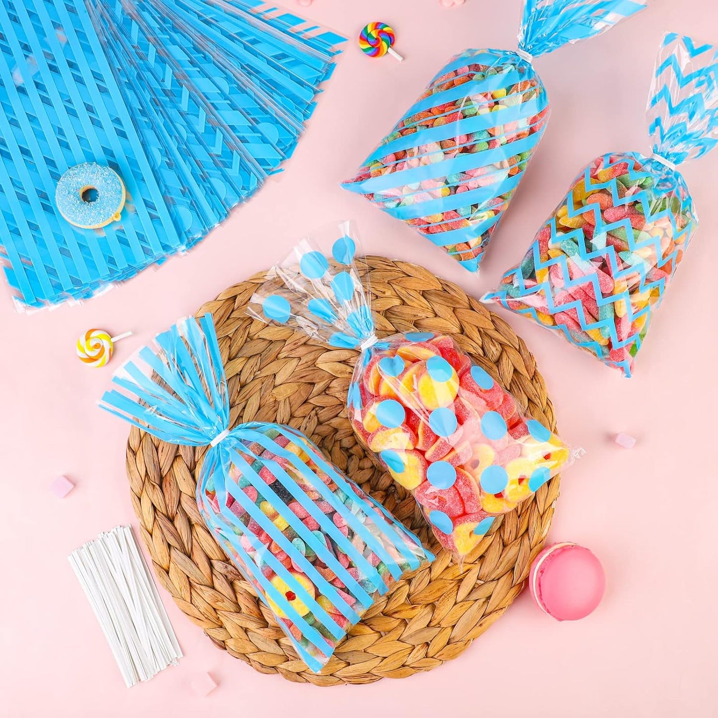 Aodaer 100 Pieces 10.6 x 5.1 In White Cellophane Bags Plastic Candy Gift Bag Cellophane Treat Bags with Twist Ties Stripes Polka Dot Printed Pattern Goodie Bag for Birthday Weddings Party Favors