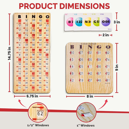 MR CHIPS Jam-Proof Bingo Cards with Sliding Windows, 25 Reusable Shutter Cards, 75 Calling Cards 1 Master Board in Tan Woodgrain Style