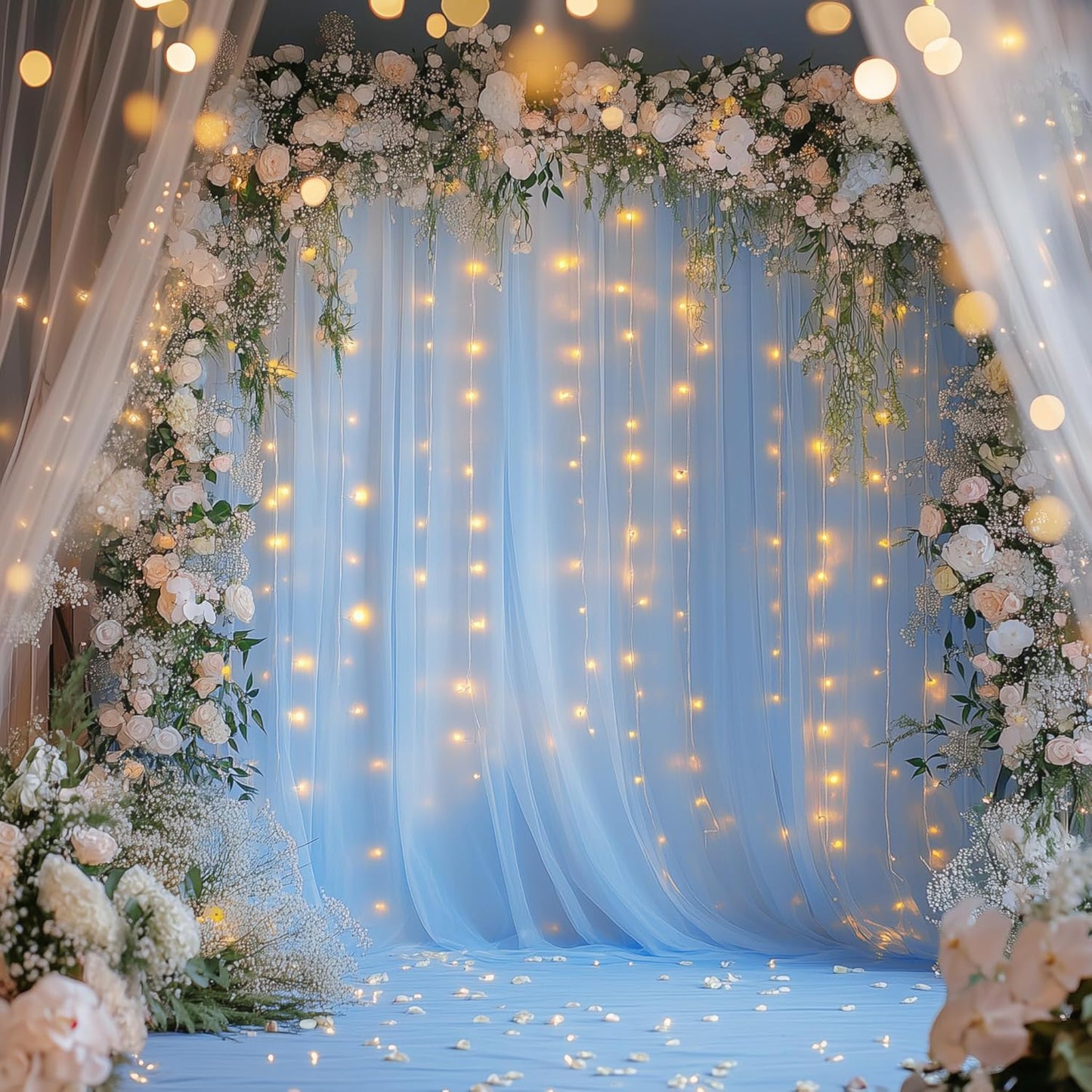 Fomcet Tulle Backdrop Curtains with Lights String White 10FT X 8FT Sheer Curtain with Lights Tulle Curtains Backdrop for Wedding Birthday Party Baby Shower Photo Shoot (2 Panels 5x8FT)