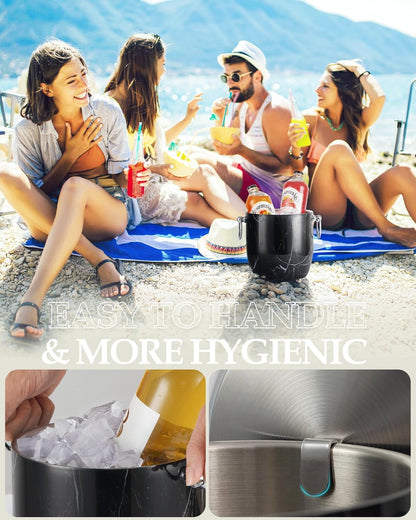 Insulated Ice Bucket, 3L Double Wall Stainless Steel Ice Bucket with Tongs,Lid, Scoop and Strainer, Ice Buckets for Parties,Cocktail Bars, Chilling Beer, Champagne, Wine Bottles,Wood