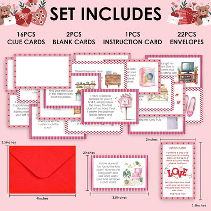 Valentine's Day Treasure Hunt Clue Card, Set of 19 Cards and 22 Envelopes, Indoor Scavenger Hunt Clues, Holiday Activity Celebration Anniversary Party Game, xbg01