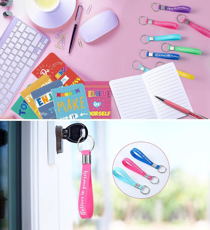 PerKoop 48 Pcs Inspirational Gifts Bulk Motivational Notepads Ballpoint Pens Keychains Set Modern Farmhouse Journal Notebooks Christian Gifts for Teachers School Office Party Favor Supplies