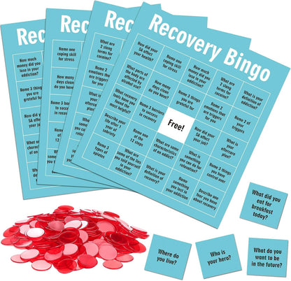 Recovery Bingo Game with 24 Cards and 600 Cross Chips Questions Recovery Bingo for Adults Addiction Group Family Vacation Holiday Party Favors