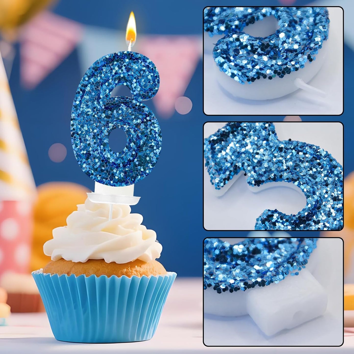 Birthday Number Candles, Glitter Number Candle Cake Decorations with Sequins, Cupcake Decorations for Girls, Women, Party Anniversary Celebrations (Number 6, Purple)