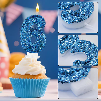 Birthday Number Candles, Glitter Number Candle Cake Decorations with Sequins, Cupcake Decorations for Girls, Women, Party Anniversary Celebrations (Number 6, Purple)