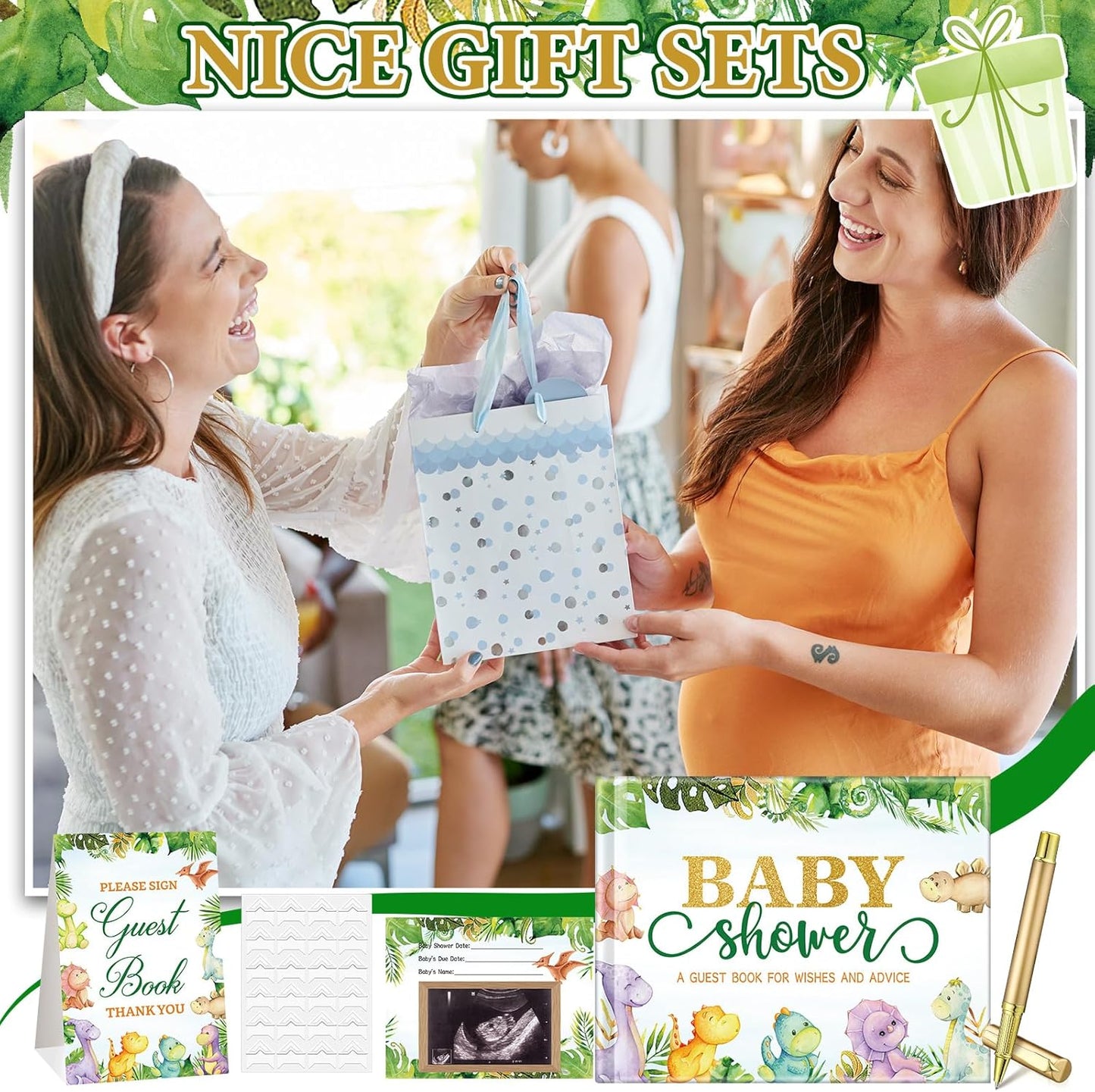Fuyoooo 27 Pcs Safari Animal Baby Shower Guest Book Set Baby Shower Sign in Guest Floral Book Place Table Cards with Gold Pen Adhesive Photo Corner for Birthday Party