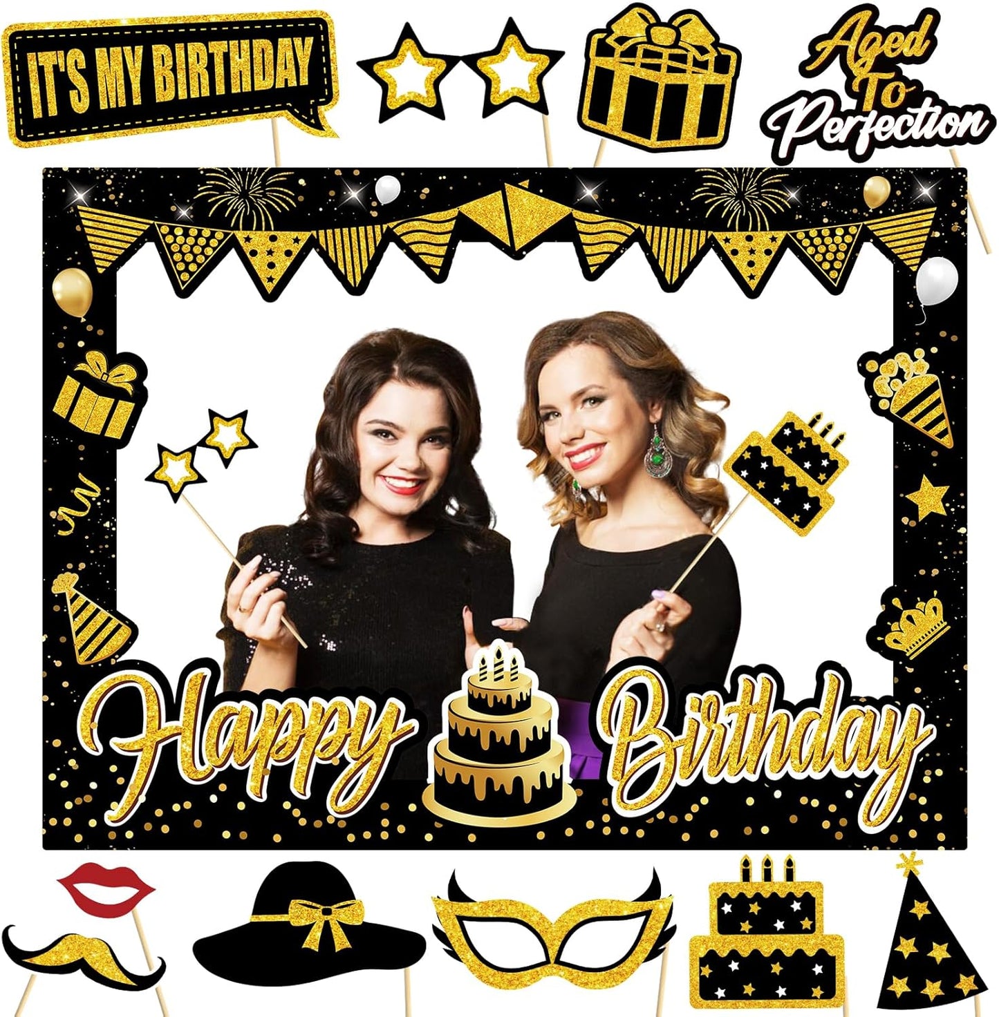 Turypaty Birthday Party Decorations for Boys & Girls - Black & Gold Photo Booth Props & Selfie Frame Set
