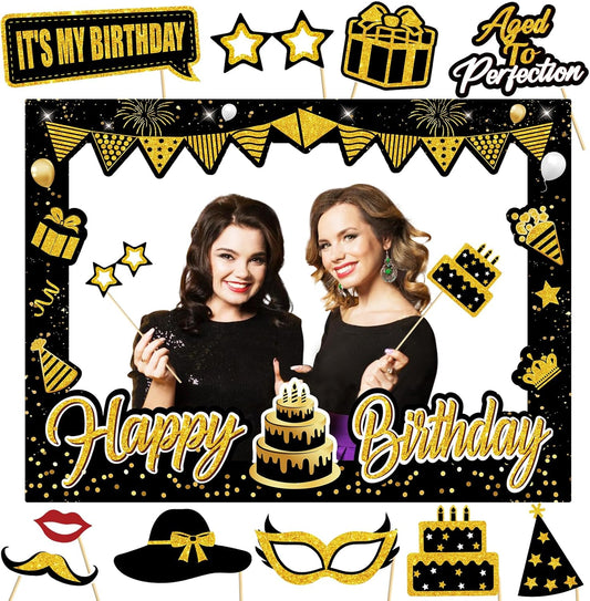 Turypaty Birthday Party Decorations for Boys & Girls - Black & Gold Photo Booth Props & Selfie Frame Set