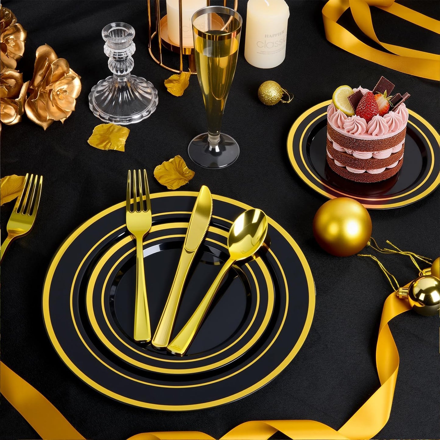 BESTVIP 200PCS Gold Plastic Plate, Disposable Party Plates with 100 Dinner Plates and 100 Dessert Plates, Plastic Plates for Party, Wedding and Birthday